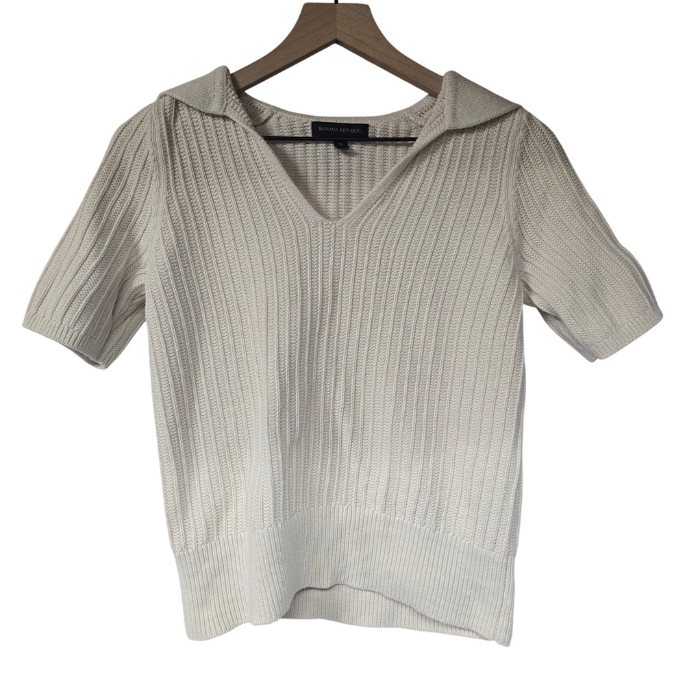 Banana Republic Womens Sailor Collar Short Sleeve‎ Knit Sweater Top Cream Size S